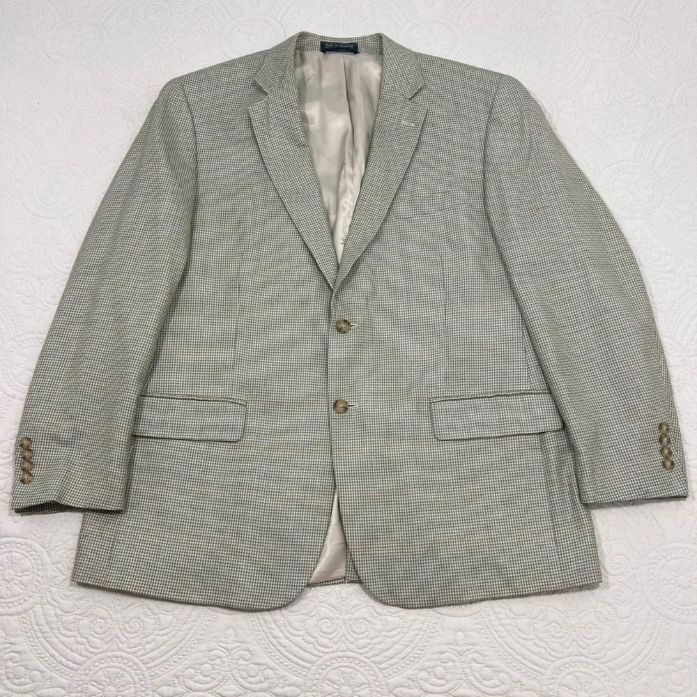 Haspel Mens Silk Wool Blazer Sport Coat 42R Tan Blue Micro Houndstooth 2 Button